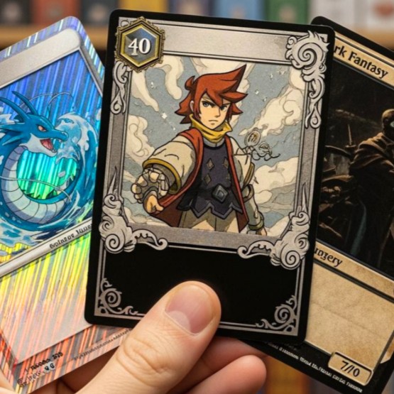 a person's hand holding three cards to trade